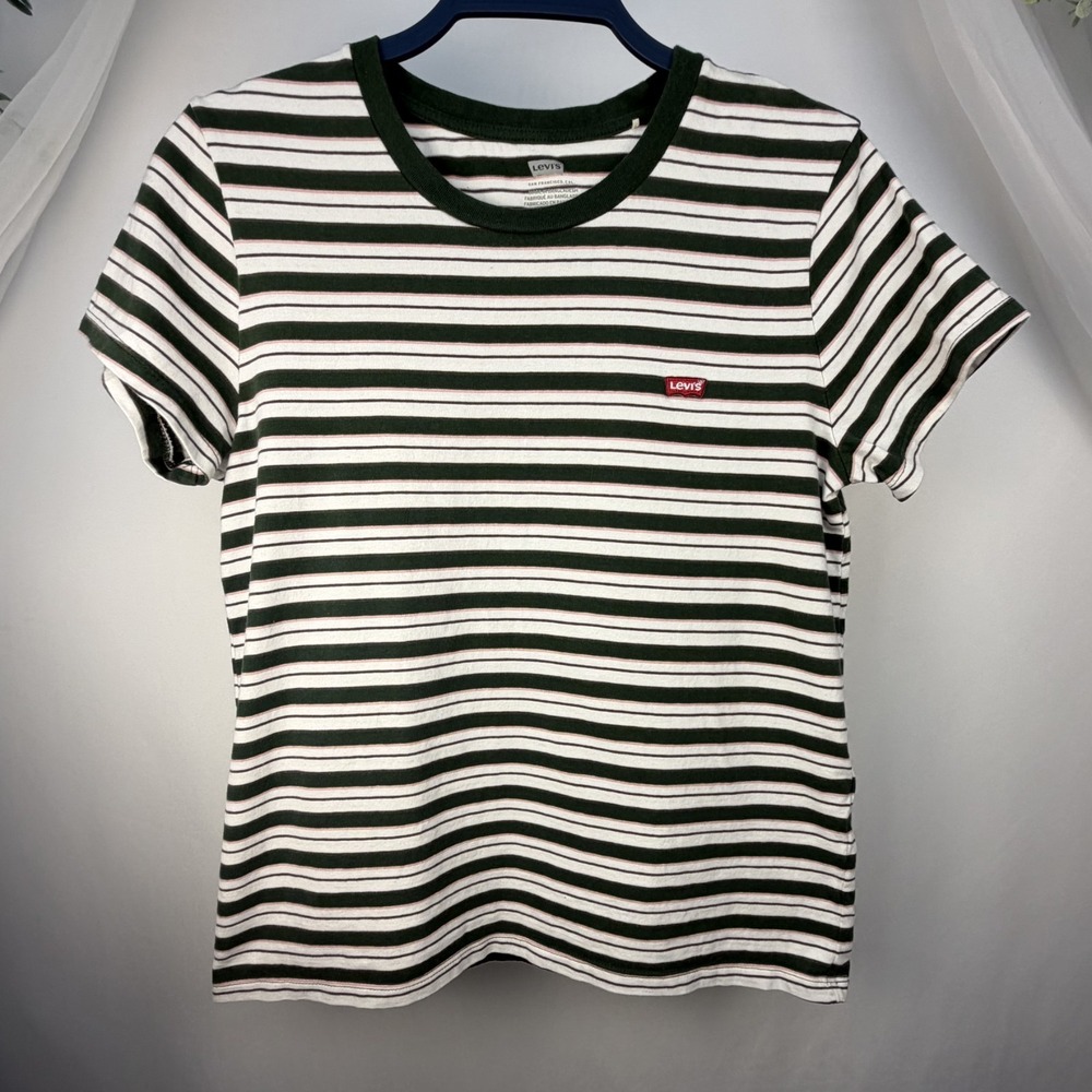 Levi's Striped TShirt M Green Brown Pink White Stripe Logo Patch Preppy Layering